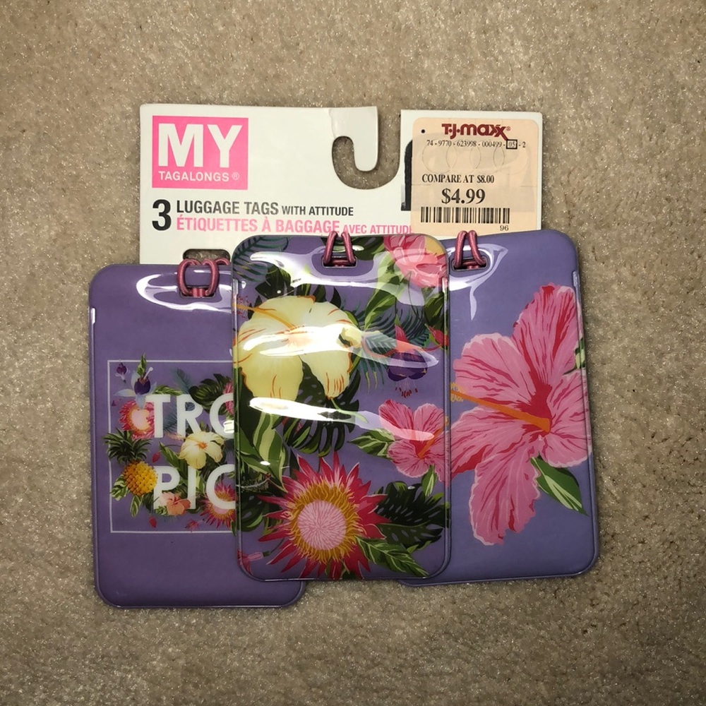3 purple/green/pink/yellow tropical luggage tags